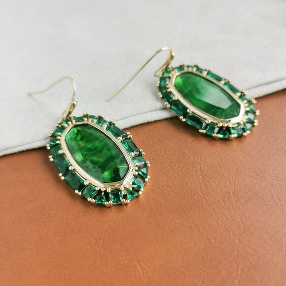 Kendra Scott Elle Gold Kelly Green Crystal Frame Earrings Trendy - Picture 2 of 3